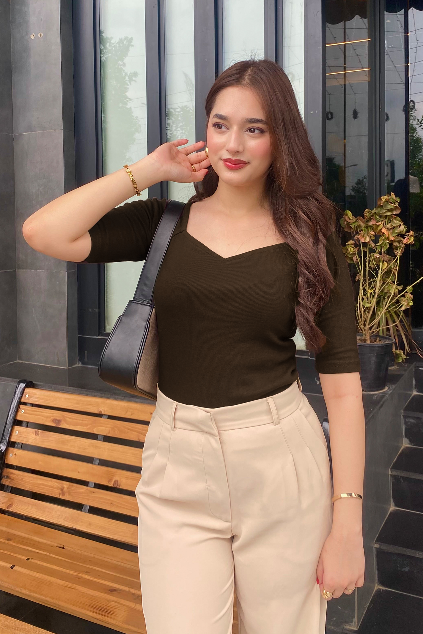 Sweet Heart Neck Top - Chocolate Brown