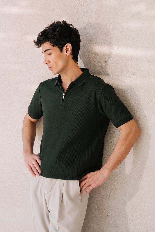 Zip-Up Waffle Polo Shirt – Emerald
