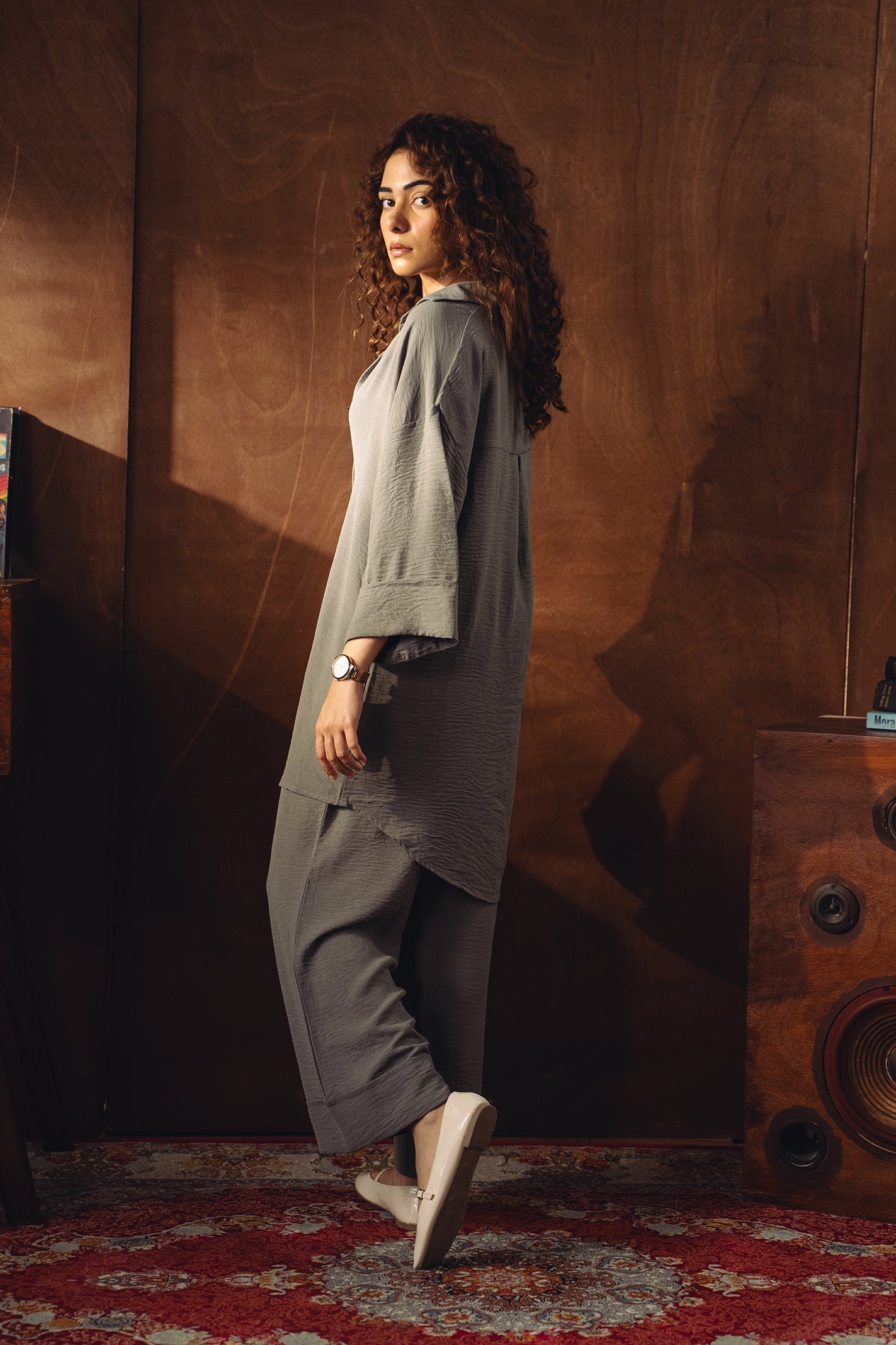 Textured Button Down Co-ord Set - Ice Grey