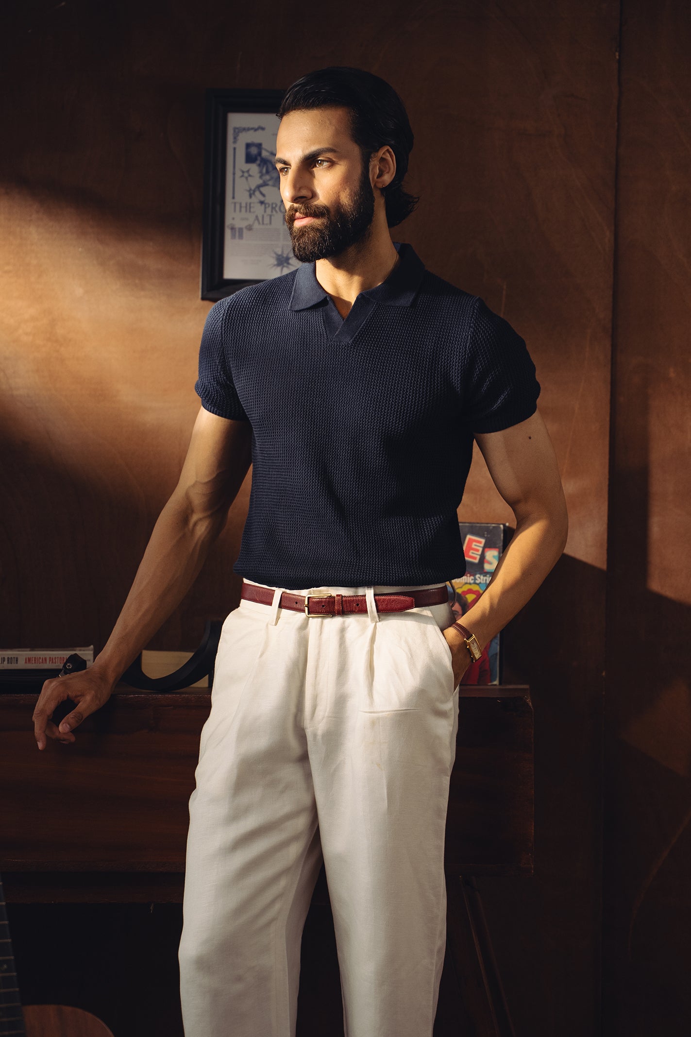 Johnny Collar Textured Knitted Polo Shirt – Navy