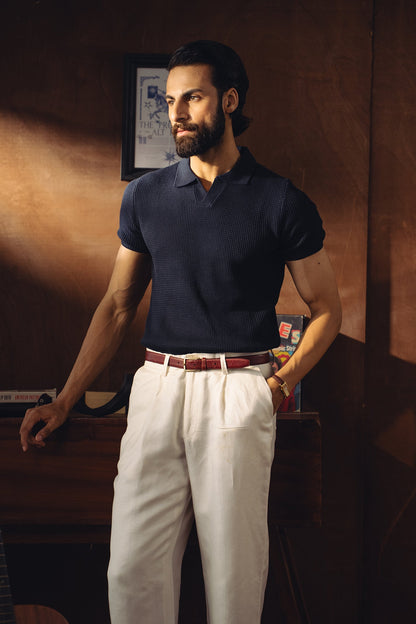 Johnny Collar Textured Knitted Polo Shirt – Navy