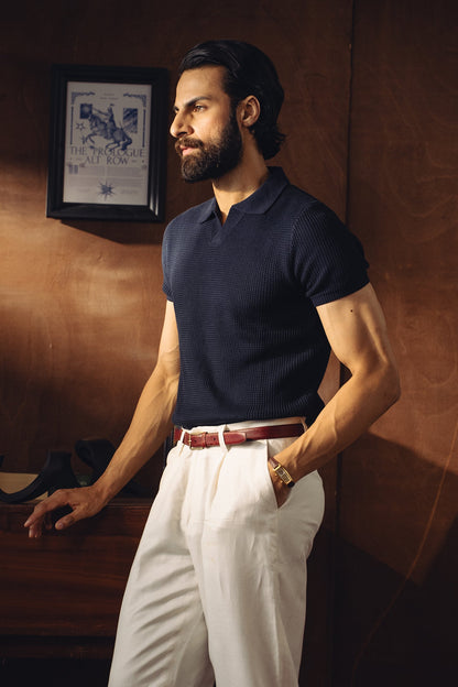 Johnny Collar Textured Knitted Polo Shirt – Navy