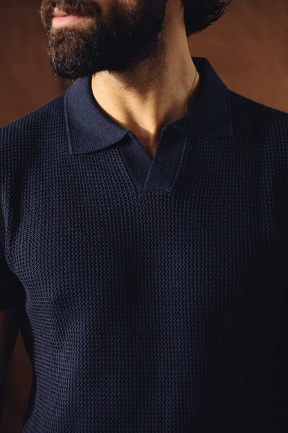 Johnny Collar Textured Knitted Polo Shirt – Navy