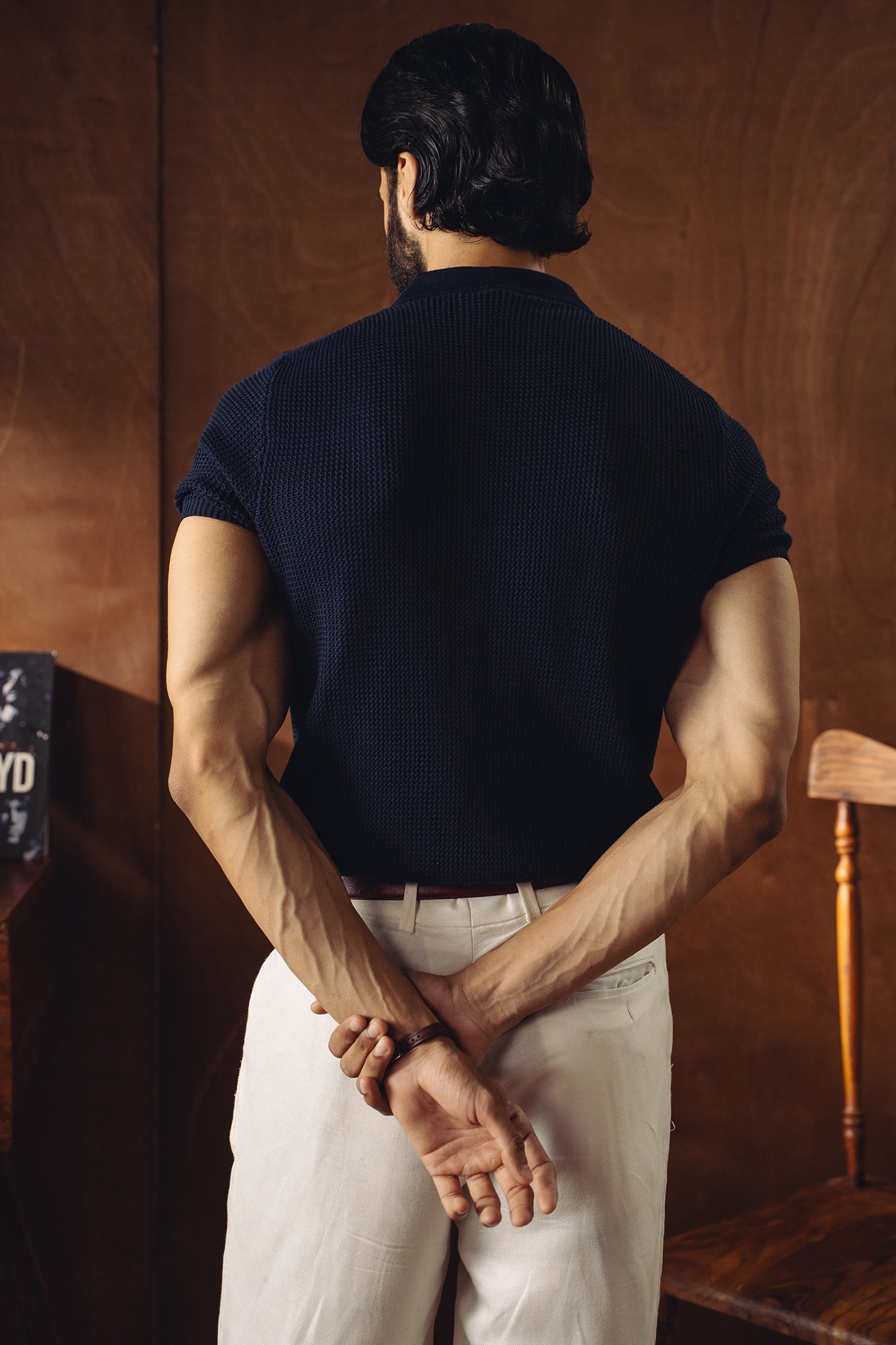 Johnny Collar Textured Knitted Polo Shirt – Navy