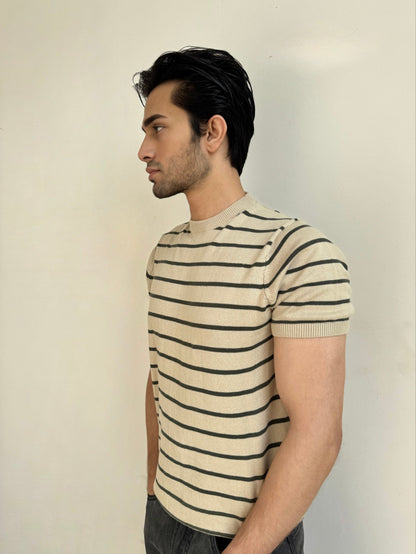 Men Soft Knit Stripe Tee - Cream and Green