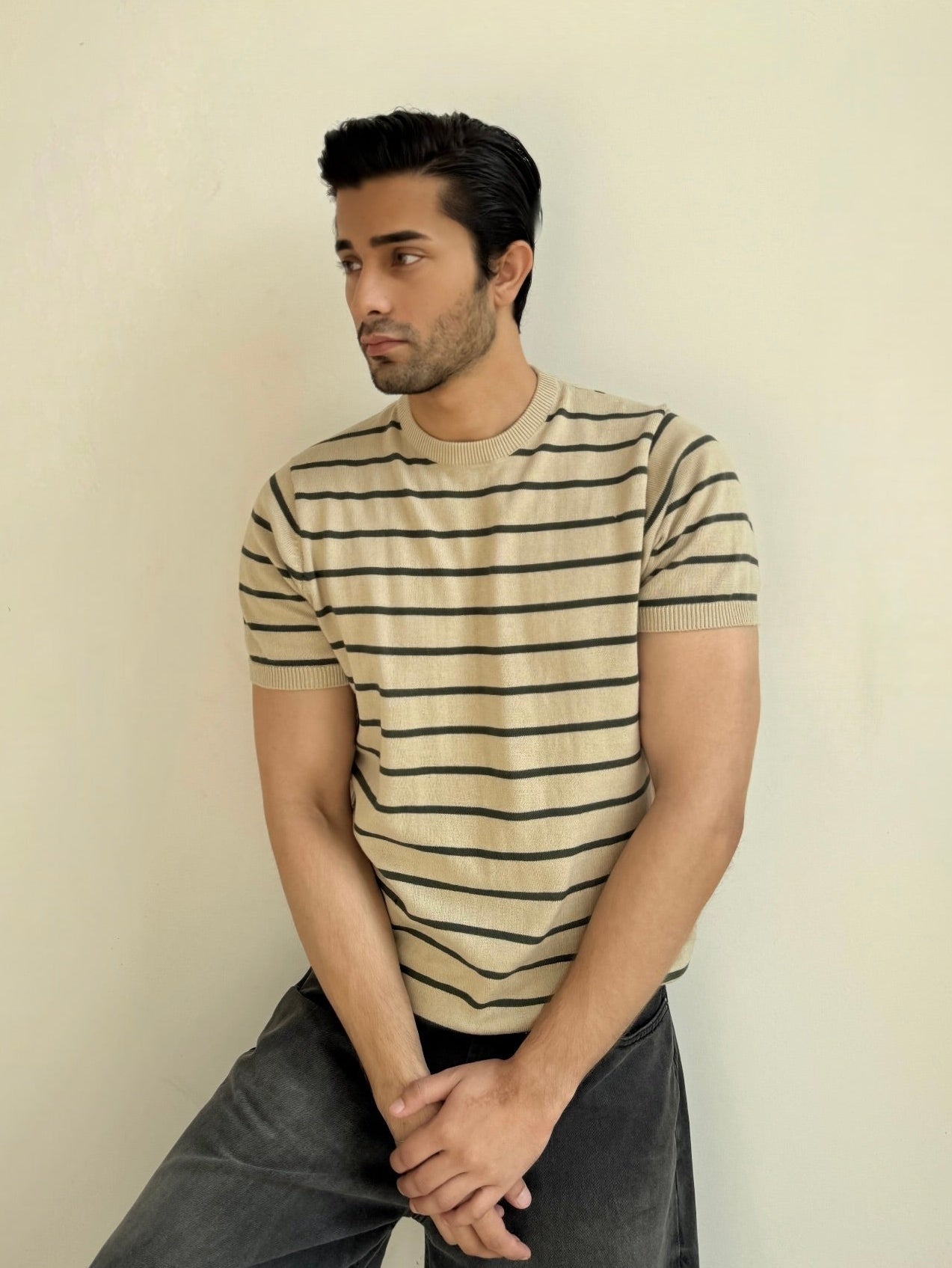 Men Soft Knit Stripe Tee - Cream and Green