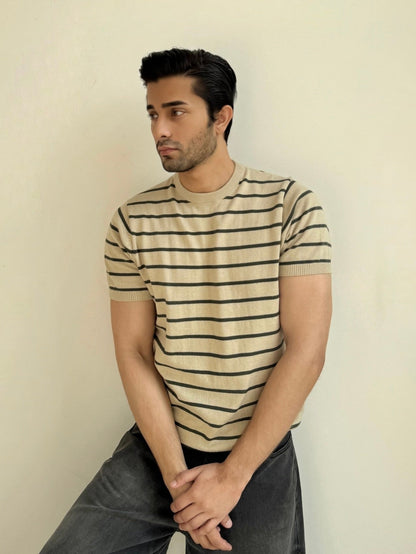 Men Soft Knit Stripe Tee - Cream and Green
