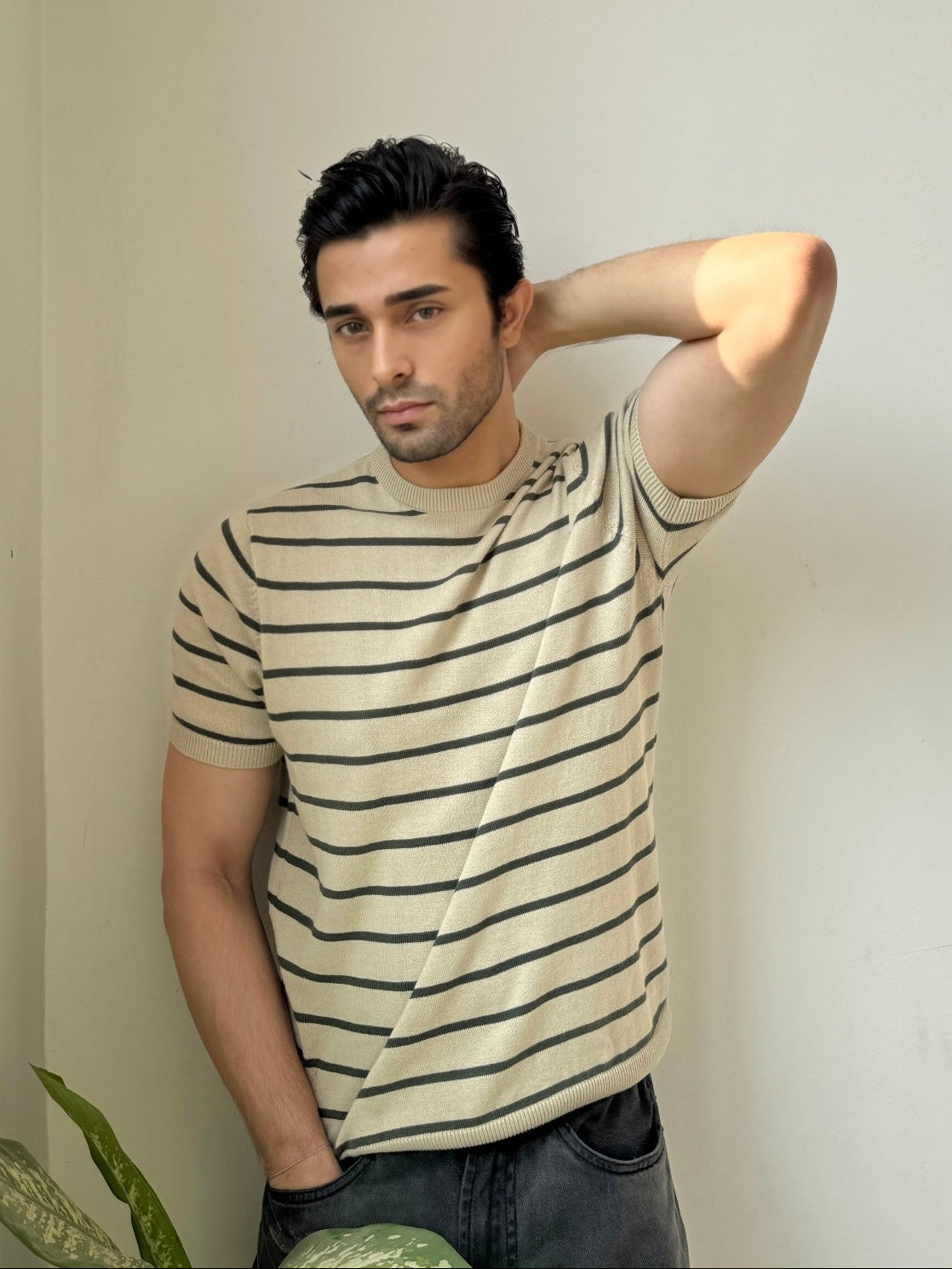 Men Soft Knit Stripe Tee - Cream and Green