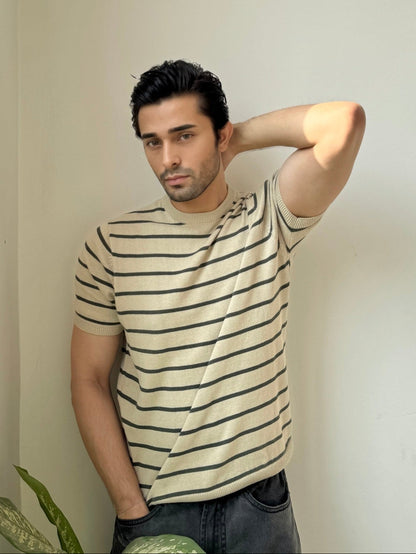 Men Soft Knit Stripe Tee - Cream and Green