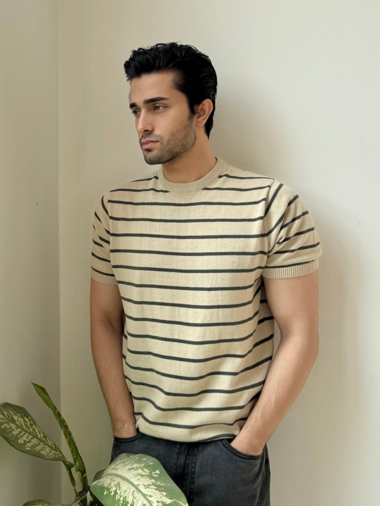 Men Soft Knit Stripe Tee - Cream and Green