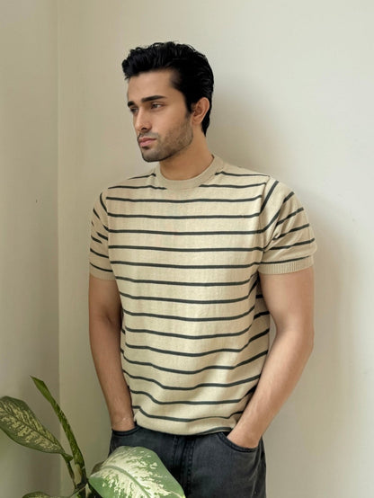 Men Soft Knit Stripe Tee - Cream and Green