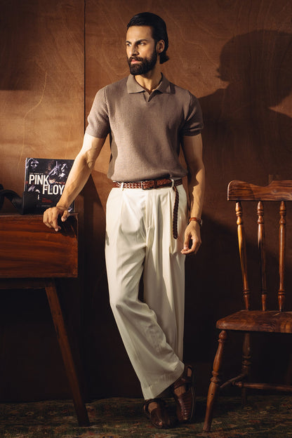 Johnny Collar Textured Knitted Polo Shirt – Camel