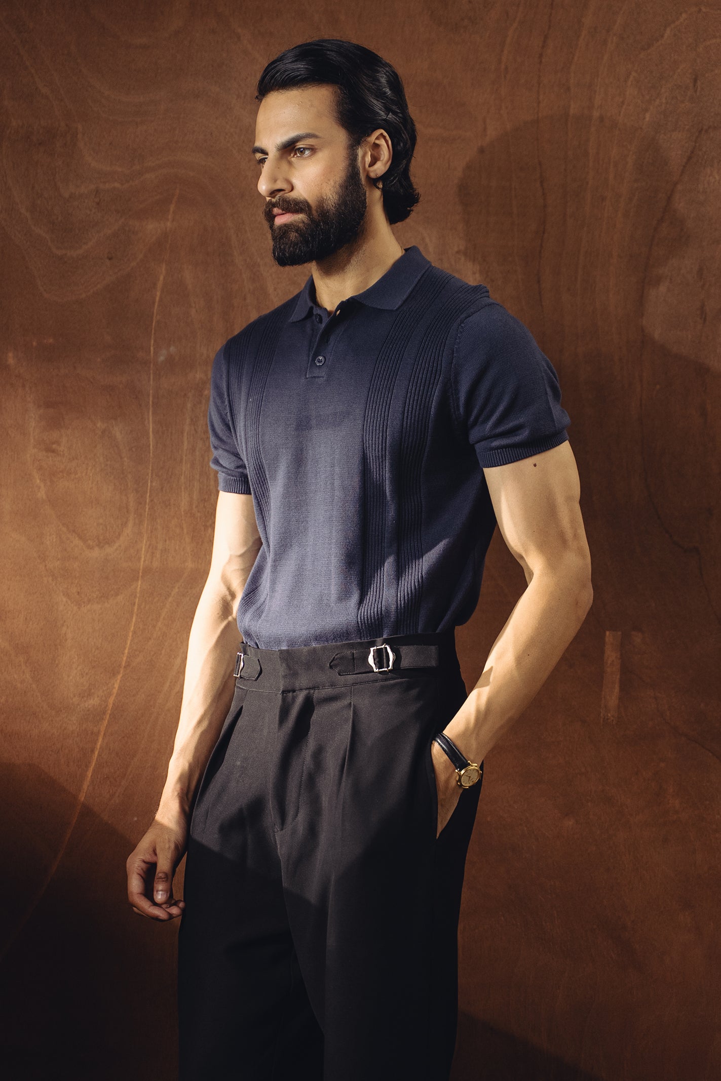 Jacquard Fine Knit Polo Shirt – Navy Blue