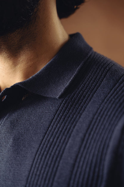 Jacquard Fine Knit Polo Shirt – Navy Blue