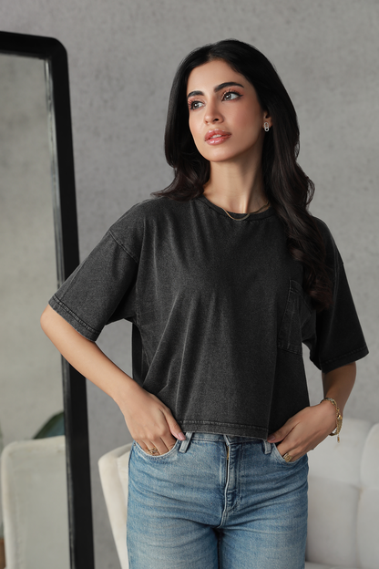 Washed Cropped Tee - Black