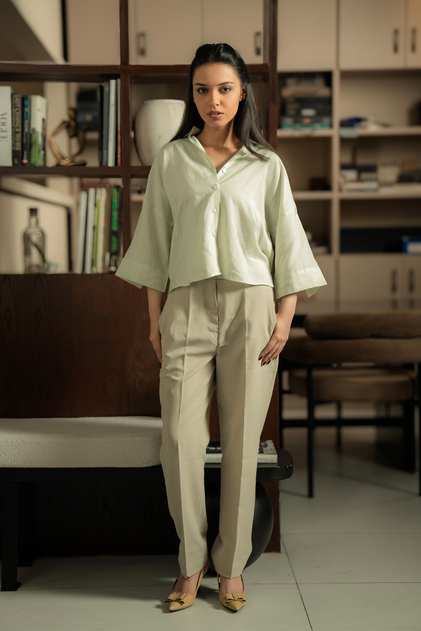 Cropped Box Fit Shirt - Pastel Green