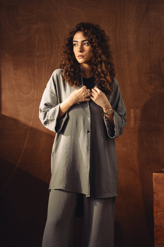 Textured Button Down Co-ord Set - Ice Grey