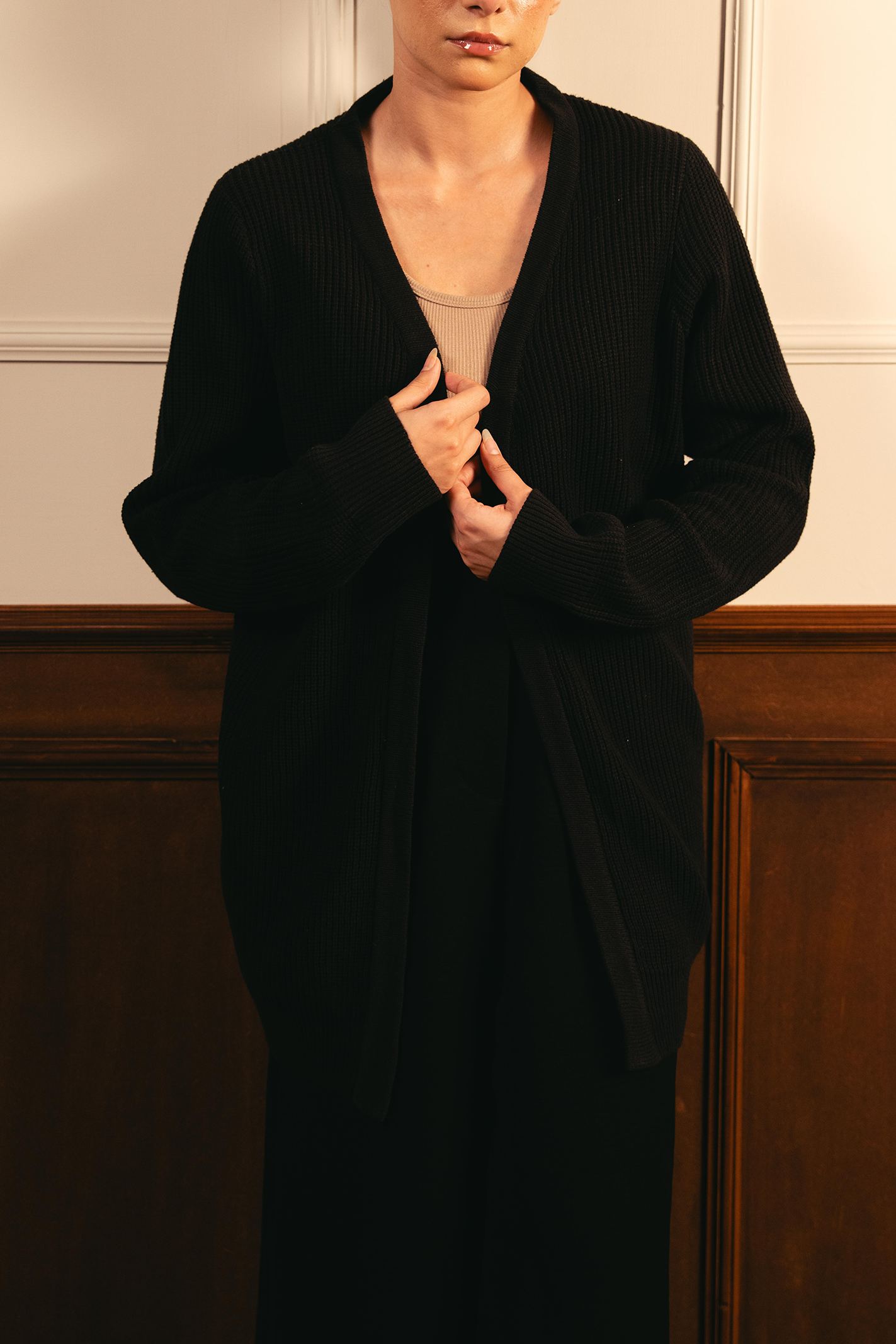 Front-Open Knit Cardigan - Black