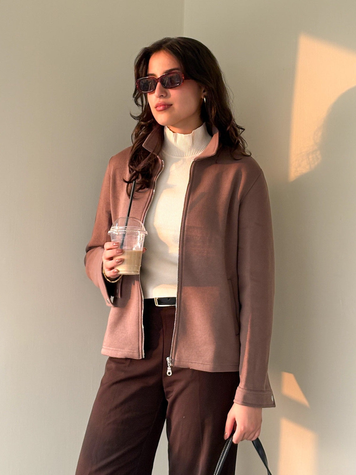 Women Full Zipper Jacket - Brown