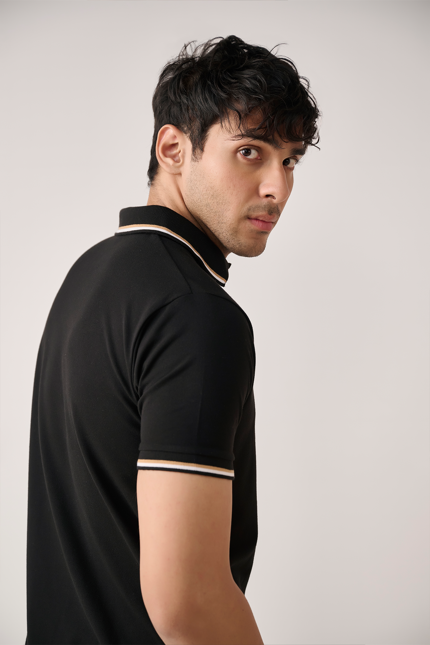 Pique Polo Shirt with Stripe Collar – Black