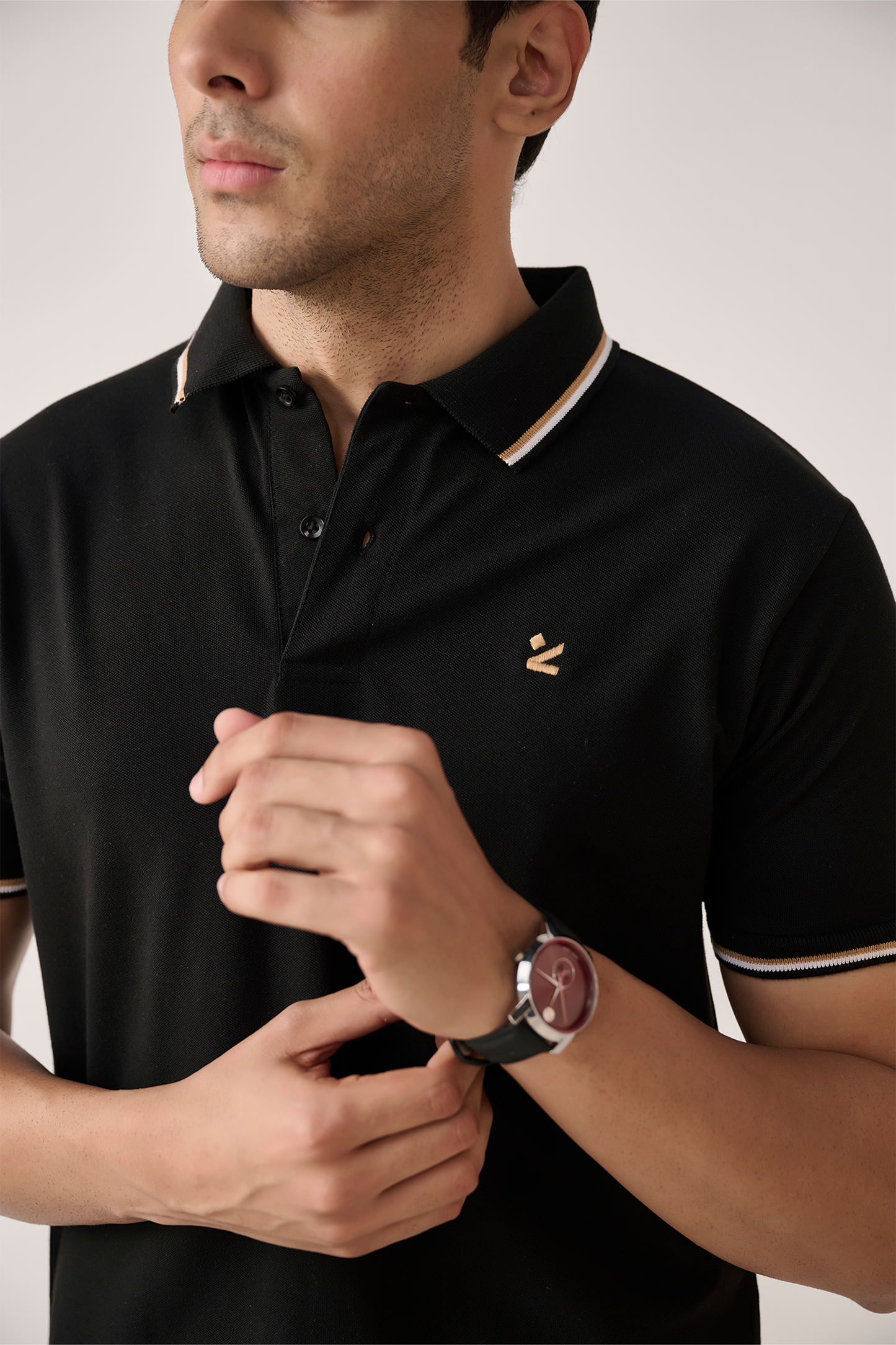 Pique Polo Shirt with Stripe Collar – Black