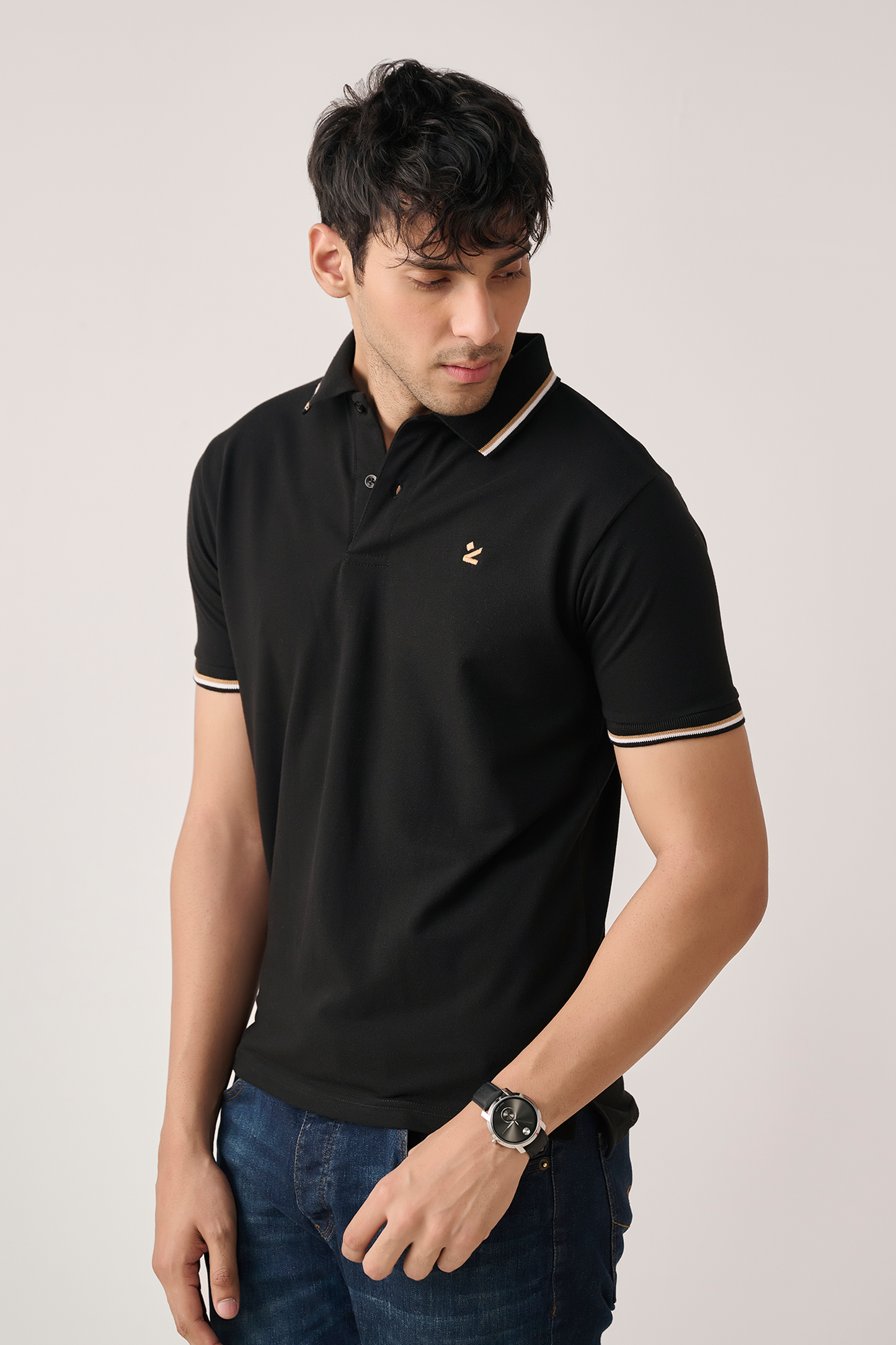 Pique Polo Shirt with Stripe Collar – Black
