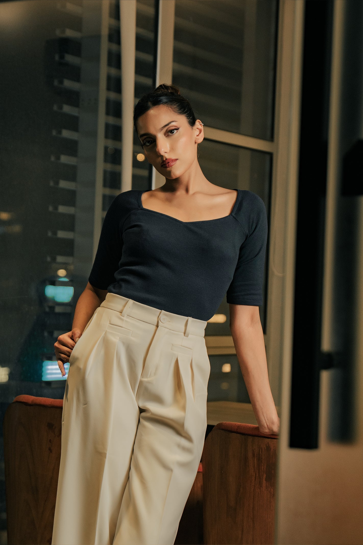 Sweet Heart Neck Top - Navy