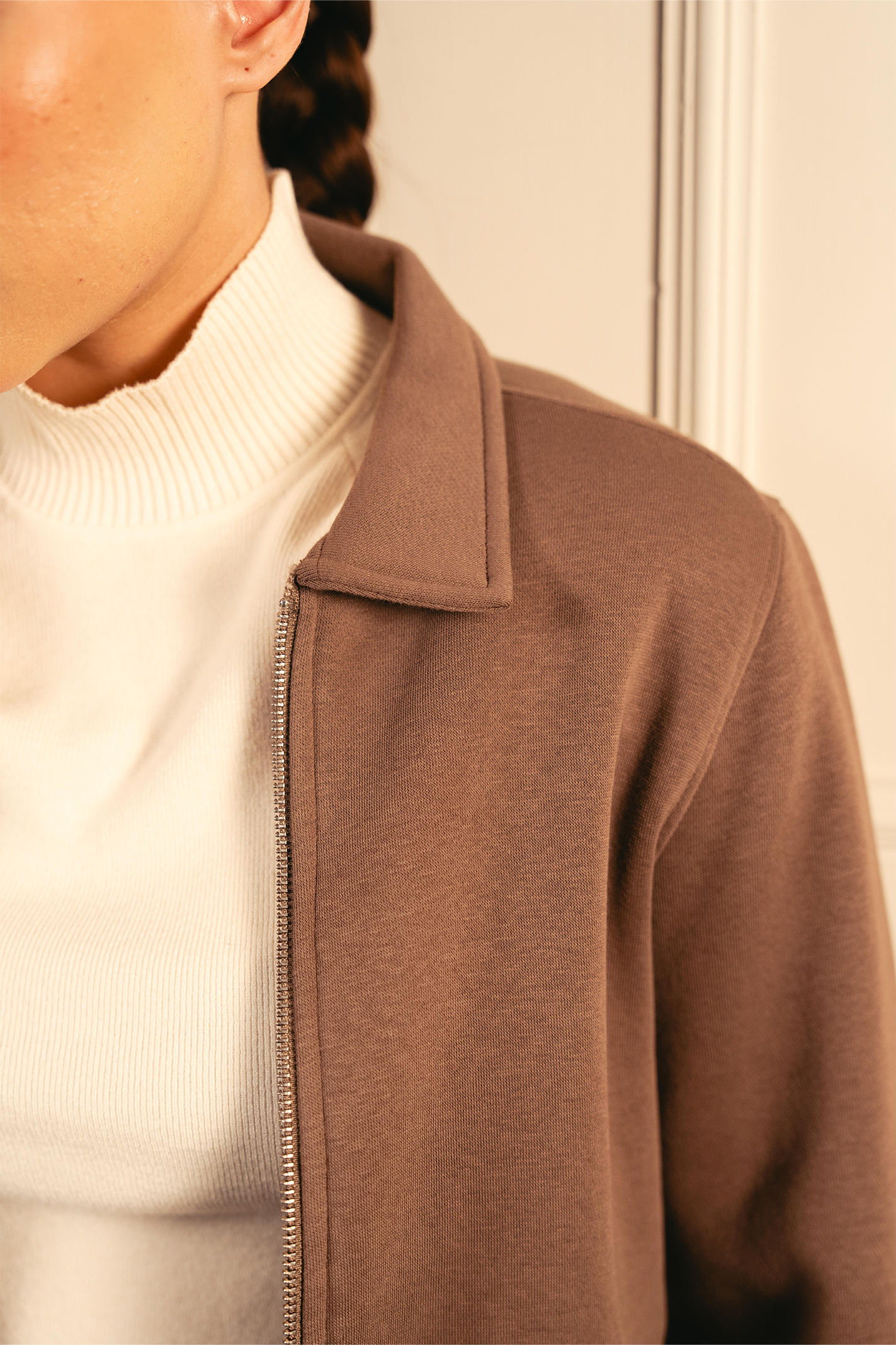 Women Full Zipper Jacket - Brown