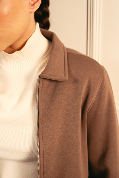 Women Full Zipper Jacket - Brown