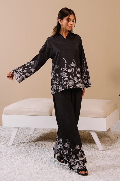 Collared Printed Co-ord Set - Black