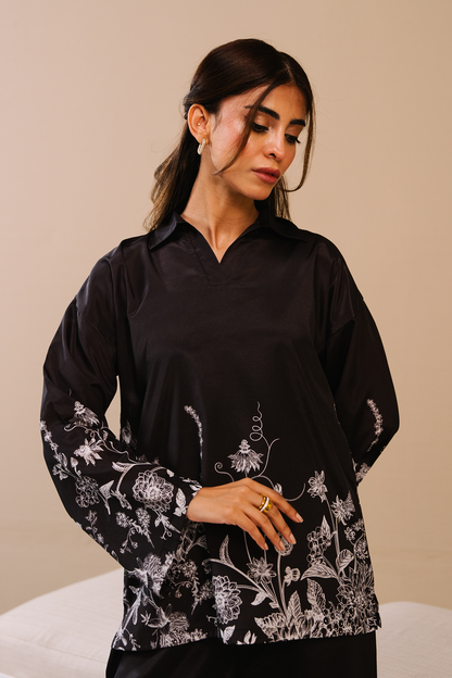 Collared Printed Co-ord Set - Black